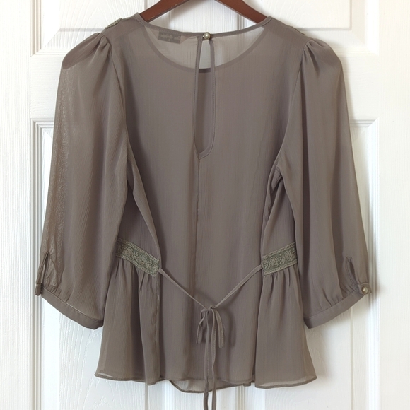 Miss Selfridge Dainty Sheer Chiffon Lace Trim Quarter Sleeve Blouse Taupe 8 - Picture 9 of 11